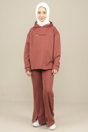 2Pcs Set Hooded Girls Tracksuit Sweat Shirt & Spanish Style Pants Dried Rose فساتین بنات