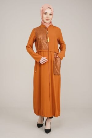 Decorated and Practical Ladies Abaya with Zipper - Tan