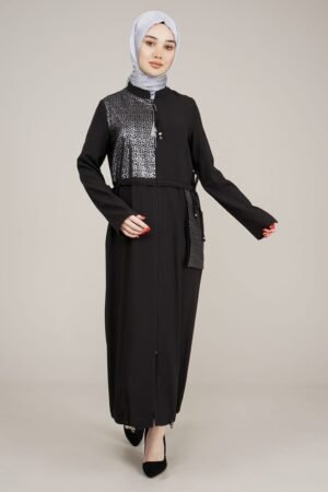 Decorated & Practical Ladies Abaya with Zipper Black