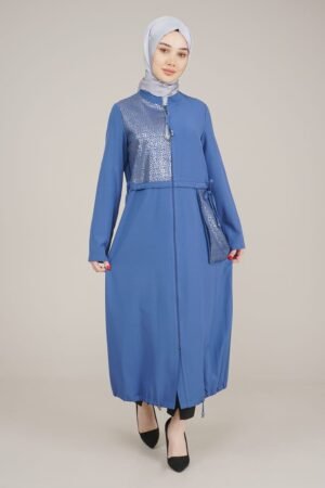 Decorated & Practical Ladies Abaya with Zipper İndigo