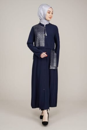 Decorated & Practical Ladies Abaya with Zipper-Navy Blue