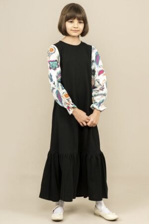 Girls Dress Long with Patterned Sleeves - Black | فساتين بنات