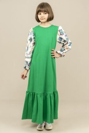 Girls Dress Long with Patterned Sleeves - Green | فساتين بنات