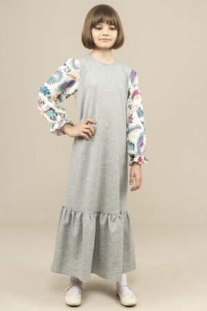 Girls Dress Long with Patterned Sleeves - Grey | فساتين بنات