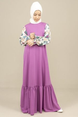 Girls Dress Long with Patterned Sleeves - Purple | فساتين بنات