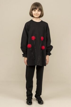 Girls Dress Tunic with Flower Details - Black | فساتين بنات