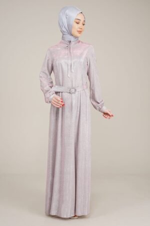 Glamorous sparkly Ladies Dress Long with Belt and Tie Neck for Special Occasion Powder