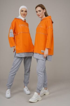 Hooded Reverse Stitched Ladies Tracksuit 2pcs Set Orange