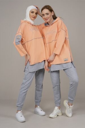 Hooded Reverse Stitched Ladies Tracksuit 2pcs Set Salmon