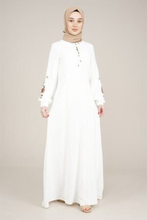 Ladies Dress Long with Embroidered Sleeves | Milky