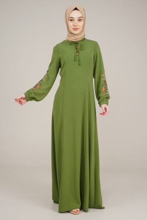 Ladies Dress Long with Embroidered Sleeves | Khaki
