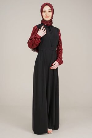 Ladies Long Dress Sparkly Sleeves | Burgundy