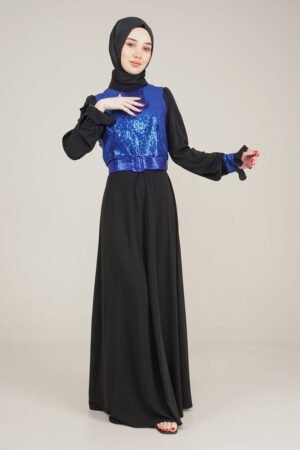 Ladies Long Dress Sparkly Top with Belt | Royal Blue