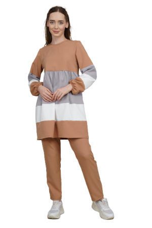Ladies Tracksuit 2Pcs Set Tunic & Trouser Light Coffee