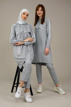 Ladies Tracksuit 2pcs Hooded Tunic & Pants | Grey