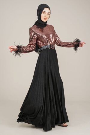 Sparkly Top Long Ladies Dress with Belt for Special Occasion - Gold