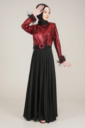 Sparkly Top Long Ladies Dress  with Belt for Special Occasion - Red