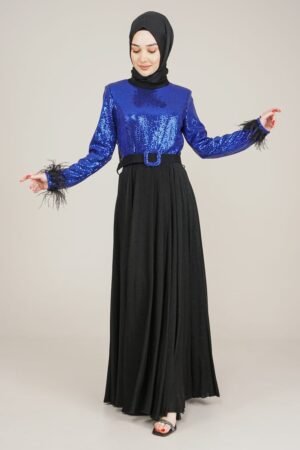 Sparkly Top  Long Ladies Dress with Belt for Special Occasion - Royal Blue