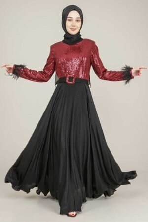 Sparkly Top Long Ladies Dress  with Belt for Special Occasion - Burgundy