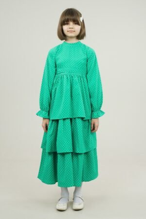 Polka Dot Girls Dress with Skirt Layers - Green | فساتین بنات
