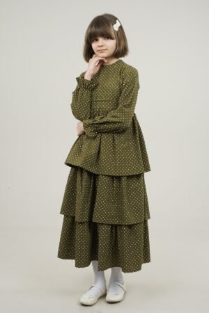 Polka Dot Girls Dress with Skirt Layers - Khaki | فساتین بنات
