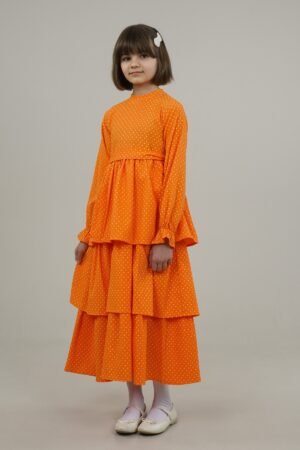 Polka Dot Girls Dress with Skirt Layers - Orange | فساتین بنات