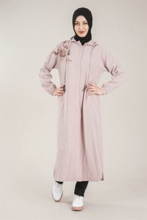 Practical Zippered & Embroidered Ladies Abaya with Hoodie - Beige