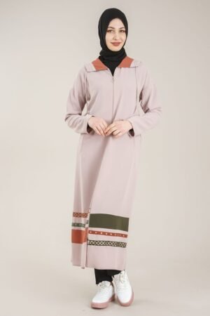 Practical Zippered & Embroidered Ladies Abaya with Hoodie - Beige