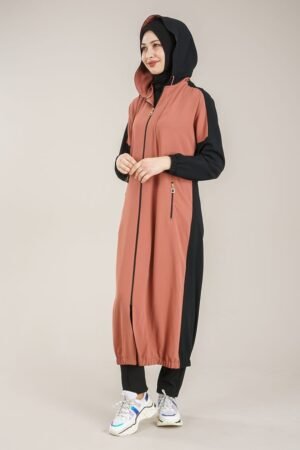 Practical Zippered Ladies Abaya with Hoodie - Taba