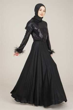 Sparkly Top Ladies Long Dress  with Belt for Special Occasion - Black
