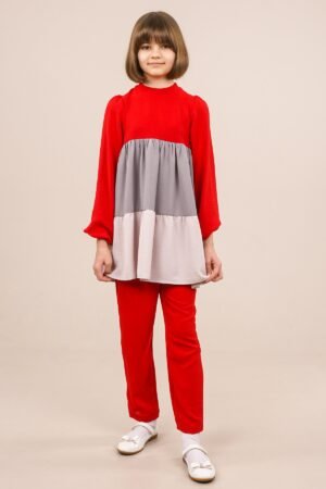 Young Girl's Two-Pieces Set Tunic in Three Different Colors and Pants for Spring Summer - Red | فساتين بنات