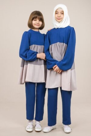 Young Girl's Two-Pieces Set Tunic in Three Different Colors and Pants for Spring Summer - Blue| فساتين بنات