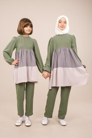 Young Girl's Two-Pieces Set Tunic in Three Different Colors and Pants for Spring Summer - Green | فساتين بنات