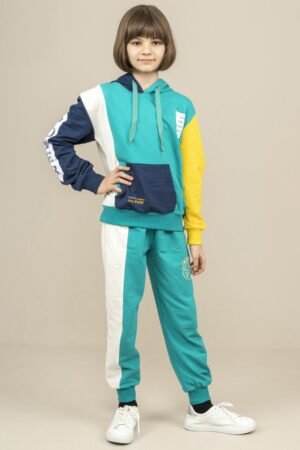 Unisex 2Pcs Hooded Girls Tracksuit Petrol Green فساتین بنات