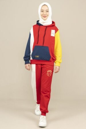 Unisex 2Pcs Set Hooded Girls Tracksuit - Red فساتین بنات