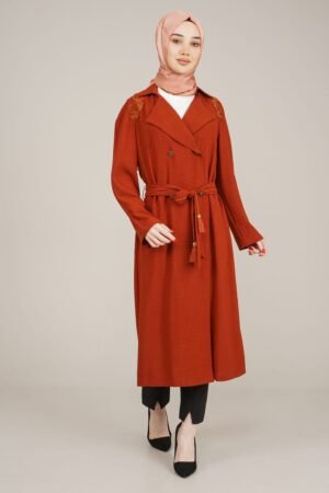 Embroidered Top Coat For Ladies with Belt - Tile