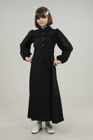 Young Girls Dress Long with Shirt Collar and Ruffle Detailed - Black | فساتین بنات