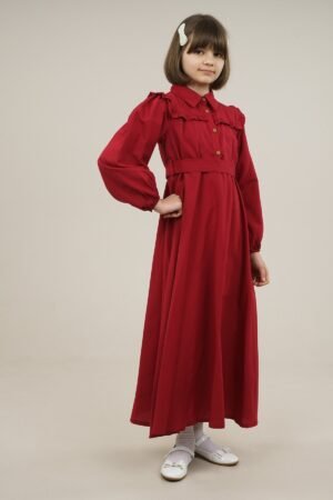 Young Girls Dress Long with Shirt Collar and Ruffle Detailed - Burgundy | فساتین بنات