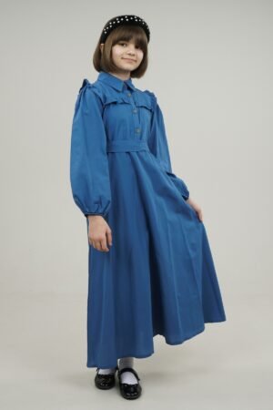 Young Girls Dress Long with Shirt Collar and Ruffle Detailed - Indigo | فساتین بنات