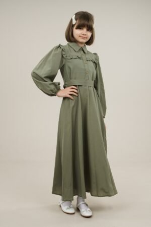 Young Girls Dress Long with Shirt Collar and Ruffle Detailed - Khaki | فساتین بنات
