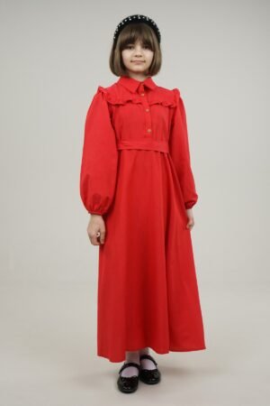 Young Girls Dress Long with Shirt Collar and Ruffle Detailed - Red | فساتین بنات