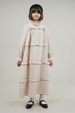 Young Girls Dress Wide Cut with Frilled Layers - Beige | فساتین بنات