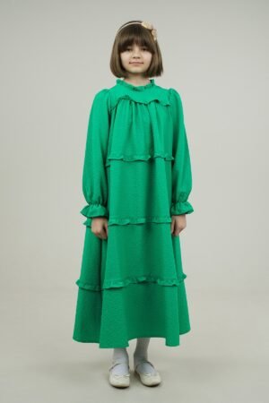 Young Girls Dress Wide Cut with Frilled Layers - Green | فساتین بنات