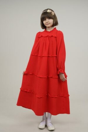 Young Girls Dress Wide Cut with Frilled Layers - Red | فساتین بنات