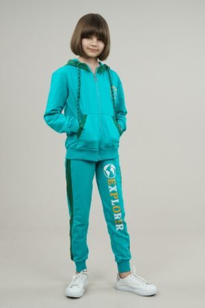 Young Girls Tracksuit Print Detailed 2Pcs Set Petrol Green فساتین بنات