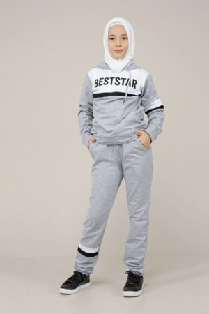 Young Girls Tracksuit Set 2Pcs Hooded Grey فساتین بنات