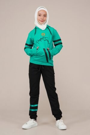 Young Girls Tracksuit Set 2Pcs Hooded Turquoise فساتین بنات