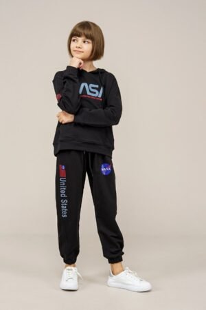 Young Unisex 2PCs Hooded Girls Tracksuit Set Black فساتین بنات