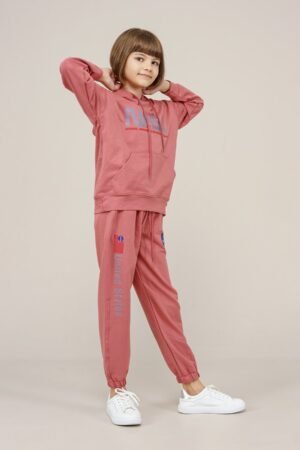 Young Unisex 2PCs Hooded Girls Tracksuit Set Dried Rose فساتین بنات