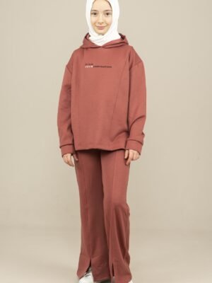 2Pcs Set Hooded Girls Tracksuit Sweat Shirt & Spanish Style Pants Dried Rose فساتین بنات